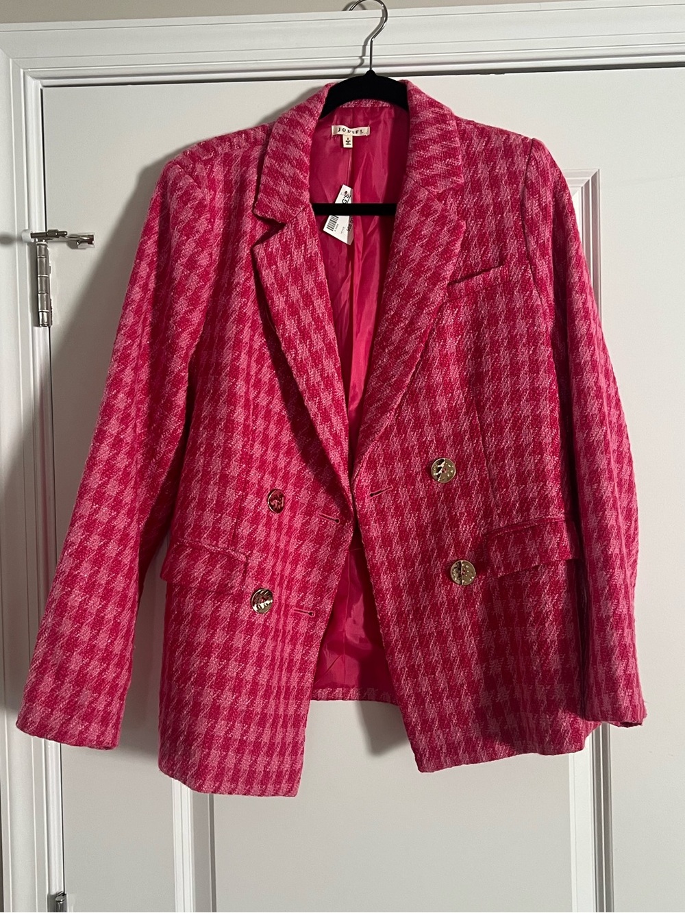 JODIFL Pink Houndstooth Double-Breasted Blazer with Gold Buttons